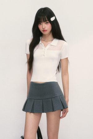 Summer Polo Collar White Short Sleeve Women's Spliced T-shirt Slim Fit Top - Trendy Casual Style for 2025