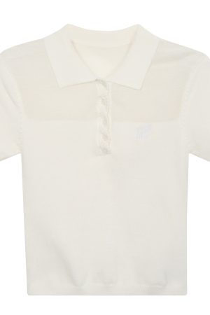 Summer Polo Collar White Short Sleeve Women's Spliced T-shirt Slim Fit Top - Trendy Casual Style for 2025