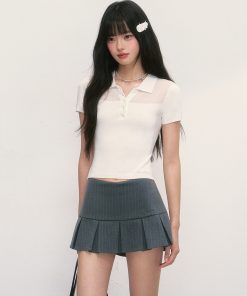 Summer Polo Collar White Short Sleeve Women's Spliced T-shirt Slim Fit Top - Trendy Casual Style for 2025