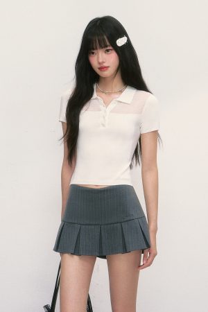 Summer Polo Collar White Short Sleeve Women's Spliced T-shirt Slim Fit Top - Trendy Casual Style for 2025