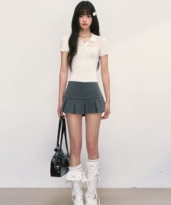 Summer Polo Collar White Short Sleeve Women's Spliced T-shirt Slim Fit Top - Trendy Casual Style for 2025