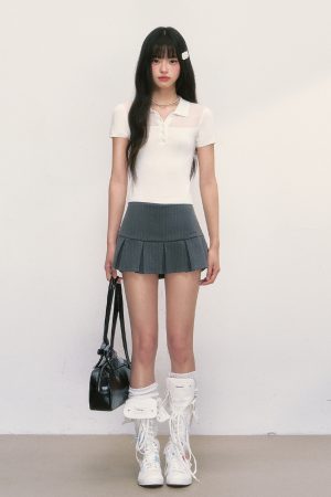 Summer Polo Collar White Short Sleeve Women's Spliced T-shirt Slim Fit Top - Trendy Casual Style for 2025