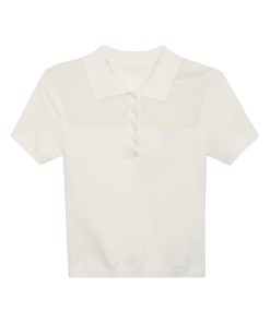 Summer Polo Collar White Short Sleeve Women's Spliced T-shirt Slim Fit Top - Trendy Casual Style for 2025