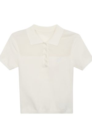 Summer Polo Collar White Short Sleeve Women's Spliced T-shirt Slim Fit Top - Trendy Casual Style for 2025