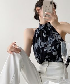 Summer Printed Sleeveless Camisole for Women, French Design Chiffon One-Shoulder Halter Top, Chic Niche Style