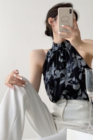 Summer Printed Sleeveless Camisole for Women, French Design Chiffon One-Shoulder Halter Top, Chic Niche Style