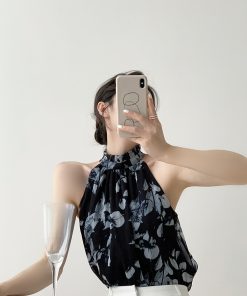 Summer Printed Sleeveless Camisole for Women, French Design Chiffon One-Shoulder Halter Top, Chic Niche Style