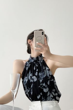 Summer Printed Sleeveless Camisole for Women, French Design Chiffon One-Shoulder Halter Top, Chic Niche Style