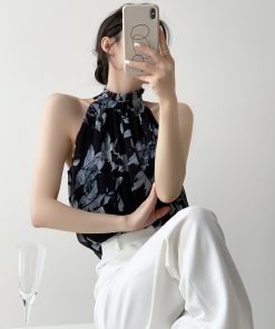 Summer Printed Sleeveless Camisole for Women, French Design Chiffon One-Shoulder Halter Top, Chic Niche Style