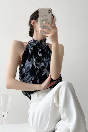 Summer Printed Sleeveless Camisole for Women, French Design Chiffon One-Shoulder Halter Top, Chic Niche Style