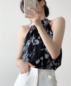 Summer Printed Sleeveless Camisole for Women, French Design Chiffon One-Shoulder Halter Top, Chic Niche Style