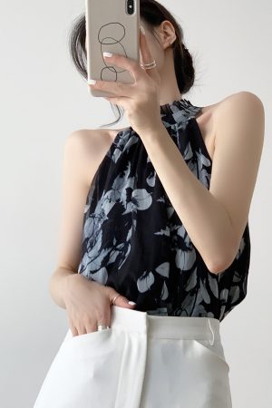 Summer Printed Sleeveless Camisole for Women, French Design Chiffon One-Shoulder Halter Top, Chic Niche Style