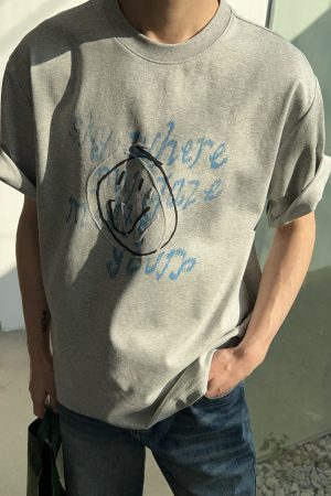 Summer Relief Smile Face Short Sleeve T-Shirt for Men â€“ Loose Casual Style, Trendy American Design, Perfect for 90s and Y2K Fashion