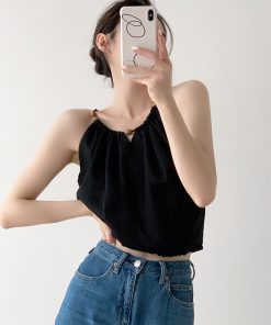 Summer Retro Drawstring V-Neck Sleeveless Camisole Top for Women, Stylish Hollow-Out Design in Tencel Linen