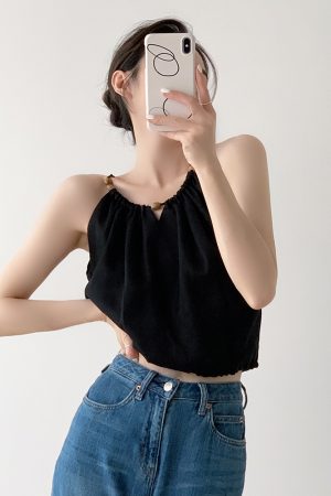 Summer Retro Drawstring V-Neck Sleeveless Camisole Top for Women, Stylish Hollow-Out Design in Tencel Linen
