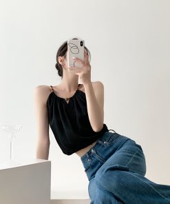 Summer Retro Drawstring V-Neck Sleeveless Camisole Top for Women, Stylish Hollow-Out Design in Tencel Linen