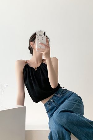 Summer Retro Drawstring V-Neck Sleeveless Camisole Top for Women, Stylish Hollow-Out Design in Tencel Linen
