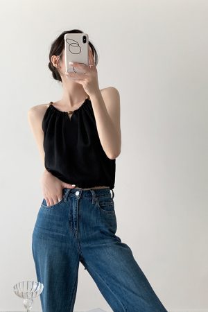 Summer Retro Drawstring V-Neck Sleeveless Camisole Top for Women, Stylish Hollow-Out Design in Tencel Linen