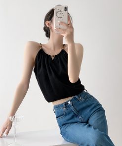 Summer Retro Drawstring V-Neck Sleeveless Camisole Top for Women, Stylish Hollow-Out Design in Tencel Linen