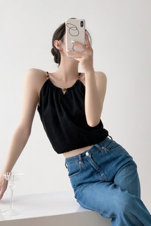 Summer Retro Drawstring V-Neck Sleeveless Camisole Top for Women, Stylish Hollow-Out Design in Tencel Linen