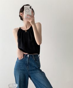 Summer Retro Drawstring V-Neck Sleeveless Camisole Top for Women, Stylish Hollow-Out Design in Tencel Linen