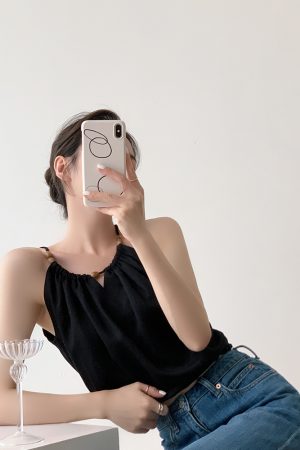 Summer Retro Drawstring V-Neck Sleeveless Camisole Top for Women, Stylish Hollow-Out Design in Tencel Linen