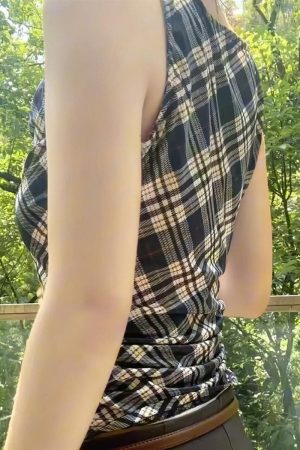 Summer Retro Plaid Camisole for Women - Sweet & Spicy, Waist-Cinching, Slim-Fit Short Top, 90s Inspired Fashion