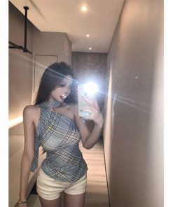 Summer Retro Plaid Halter Asymmetrical Shoulder Vest for Women - Trendy Slim Fit Short Top in 90s Style