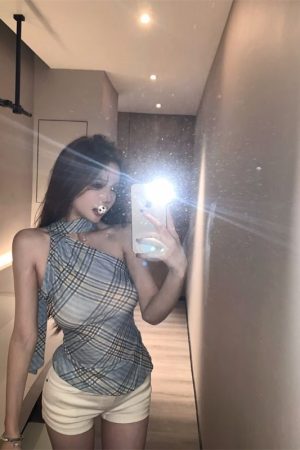 Summer Retro Plaid Halter Asymmetrical Shoulder Vest for Women - Trendy Slim Fit Short Top in 90s Style