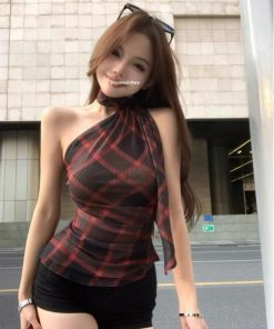 Summer Retro Plaid Halter Asymmetrical Shoulder Vest for Women - Trendy Slim Fit Short Top in 90s Style