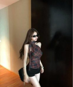 Summer Retro Plaid Halter Asymmetrical Shoulder Vest for Women - Trendy Slim Fit Short Top in 90s Style