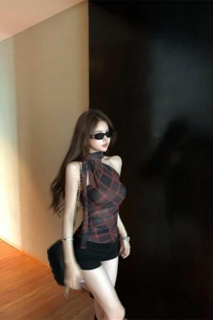 Summer Retro Plaid Halter Asymmetrical Shoulder Vest for Women - Trendy Slim Fit Short Top in 90s Style