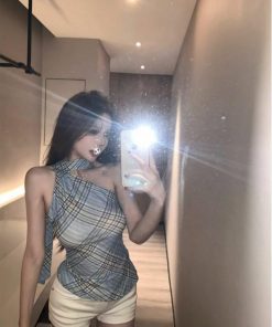 Summer Retro Plaid Halter Asymmetrical Shoulder Vest for Women - Trendy Slim Fit Short Top in 90s Style