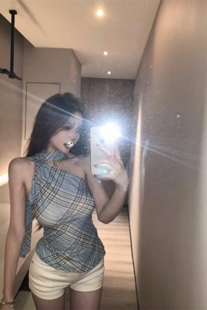 Summer Retro Plaid Halter Asymmetrical Shoulder Vest for Women - Trendy Slim Fit Short Top in 90s Style
