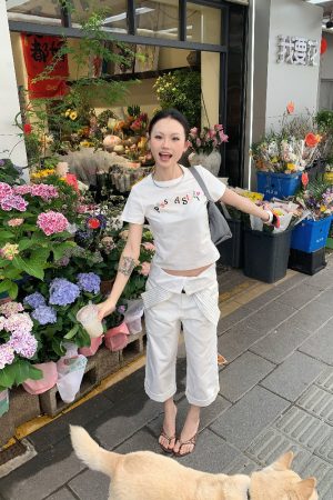 Summer Slim Fit Fun Letter Logo Printed Short Sleeve T-Shirt for Women - Versatile Casual Style, Perfect for Y2K and Everyday Wear