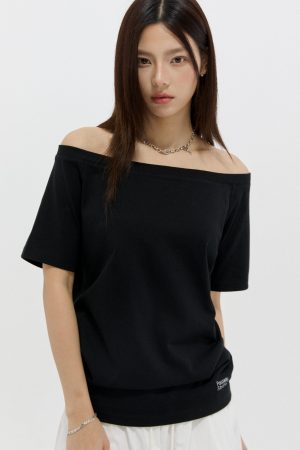 Summer Slim Fit One-Shoulder Short Sleeve T-Shirt for Women - Casual Off-Shoulder Loose Top, Perfect for Y2K and Korean Style Fashion