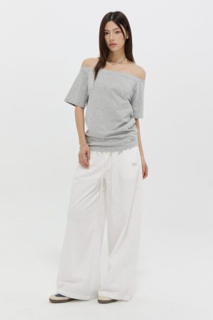 Summer Slim Fit One-Shoulder Short Sleeve T-Shirt for Women - Casual Off-Shoulder Loose Top, Perfect for Y2K and Korean Style Fashion