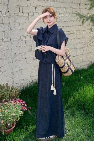 Summer Slimming Denim Short Sleeve Skirt Set - Elegant Age-Reducing OOTD for Stylish Casual Looks