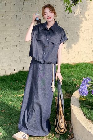 Summer Slimming Denim Short Sleeve Skirt Set - Elegant Age-Reducing OOTD for Stylish Casual Looks