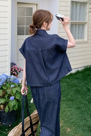 Summer Slimming Denim Short Sleeve Skirt Set - Elegant Age-Reducing OOTD for Stylish Casual Looks