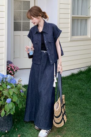 Summer Slimming Denim Short Sleeve Skirt Set - Elegant Age-Reducing OOTD for Stylish Casual Looks