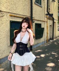 Summer Slimming Lace-Up Camisole Top for Women - Waist-Defined Spliced Design, Hot Girl Style, Perfect for 90s and Y2K Fashion