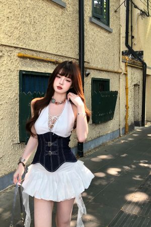 Summer Slimming Lace-Up Camisole Top for Women - Waist-Defined Spliced Design, Hot Girl Style, Perfect for 90s and Y2K Fashion