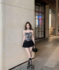 Summer Strapless Tank Top for Women - Spicy Girl Plaid with Three-Dimensional Floral Design, Slim Fit Irregular Short Outerwear
