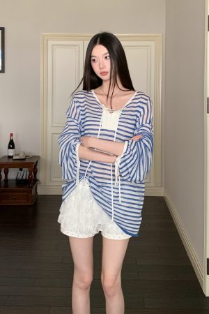 Summer Vacation French Striped Long Sleeve T-Shirt - Breathable Knitted Sun Protection Top for Effortless Style