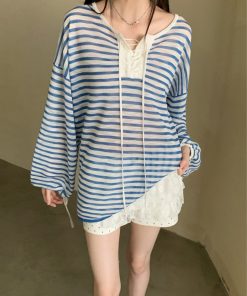 Summer Vacation French Striped Long Sleeve T-Shirt - Breathable Knitted Sun Protection Top for Effortless Style