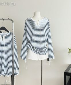 Summer Vacation French Striped Long Sleeve T-Shirt - Breathable Knitted Sun Protection Top for Effortless Style