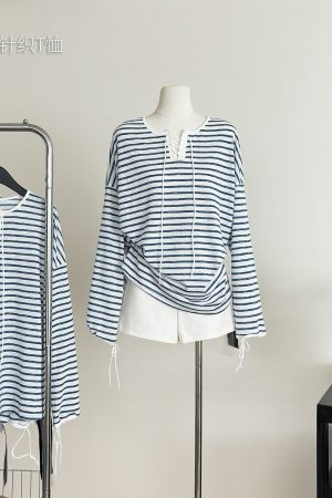 Summer Vacation French Striped Long Sleeve T-Shirt - Breathable Knitted Sun Protection Top for Effortless Style