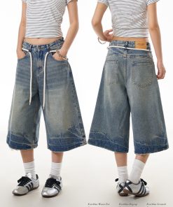 Summer Vintage Cracked Drawstring Denim Capris for Women - Loose Wide-Leg Distressed Shorts in American Style