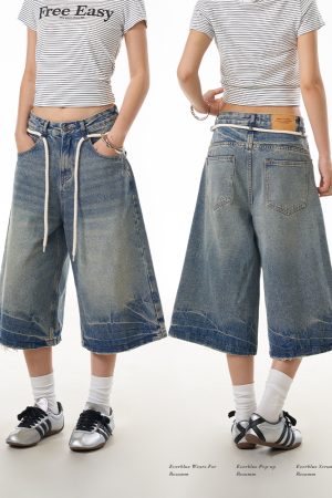 Summer Vintage Cracked Drawstring Denim Capris for Women - Loose Wide-Leg Distressed Shorts in American Style